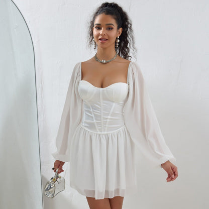 Sweetheart Corset Puff Sleeve Mesh Overlay Mini Dress