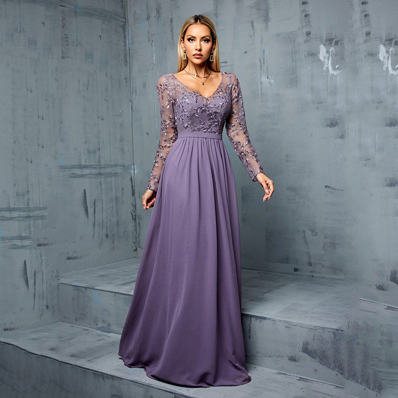 Floral Lace Embroidered Deep V-Neck Sheer Mesh Long Sleeve Chiffon Maxi Gown