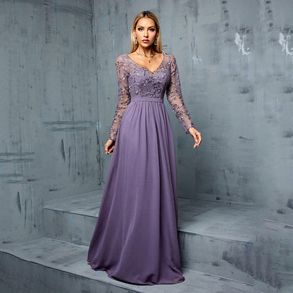 Floral Lace Embroidered Deep V-Neck Sheer Mesh Long Sleeve Chiffon Maxi Gown