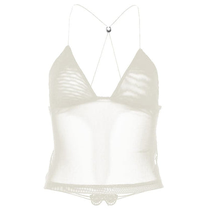 Sheer mesh butterfly applique see through backless solid top