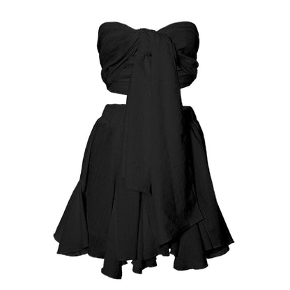 Ruffle textured bowknot tube mini skirt set