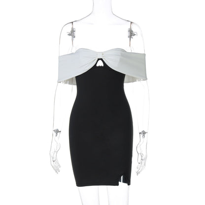 Off-Shoulder Contrast Trim Sweetheart Keyhole Side Slit Bodycon Mini Dress