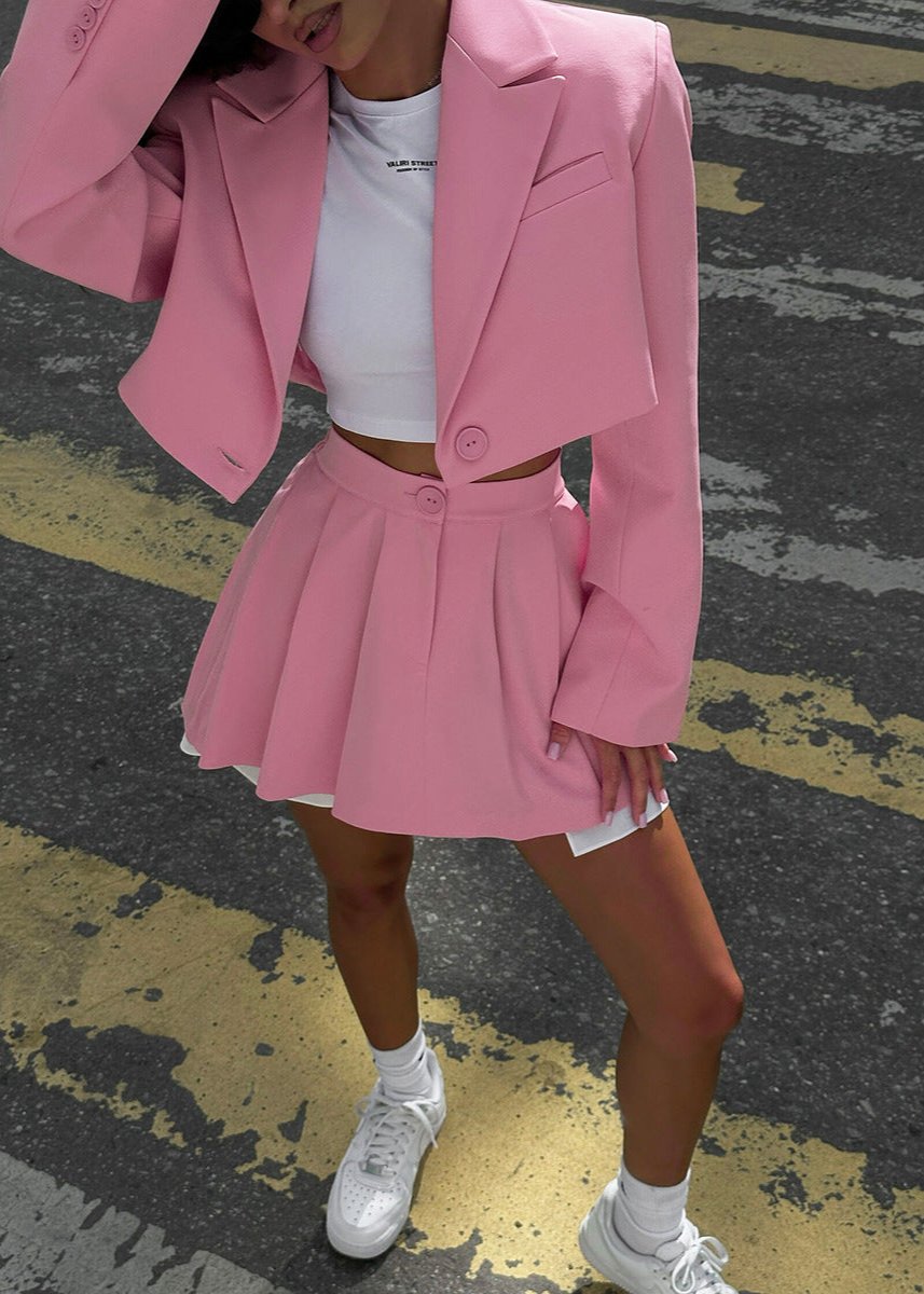 Pink Cropped Blazer and Skater Skirt Set - Playful Elegance