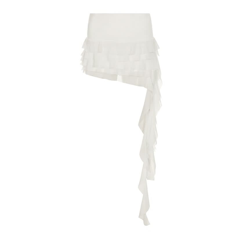 Mesh ruffle irregular mini skirt