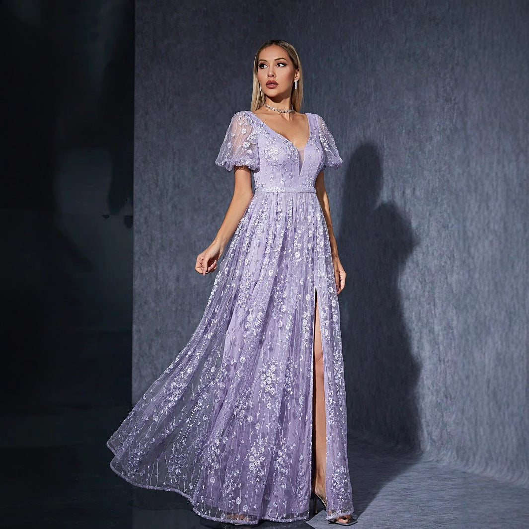 Deep V-Neck Puff Sleeve Floral Embroidered Mesh High Split Maxi Dress