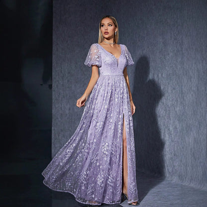 Deep V-Neck Puff Sleeve Floral Embroidered Mesh High Split Maxi Dress