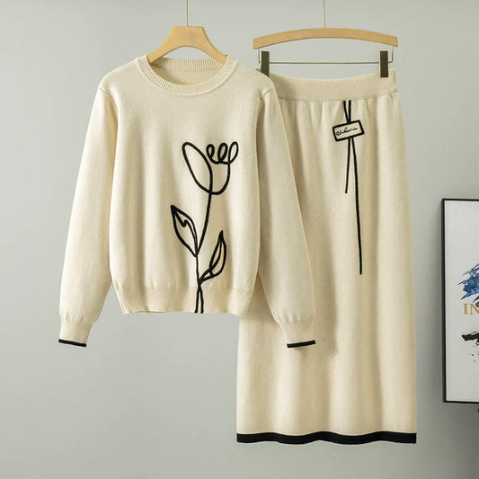 Apricot – Knitted Sweater and Skirt Two Piece Set