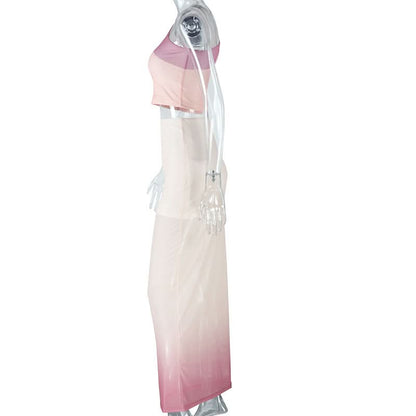 Irregular one shoulder mesh gradient maxi skirt set