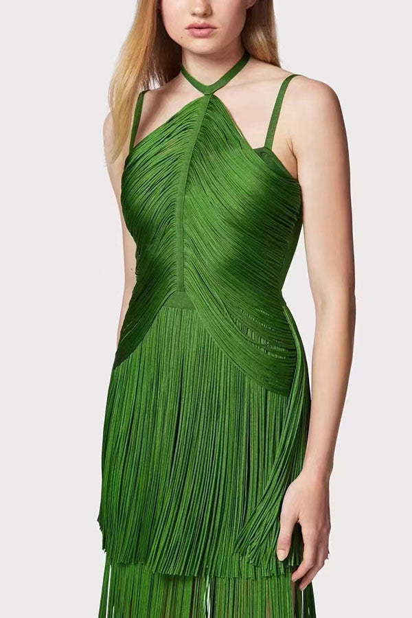 Sexy Halterneck Open Back Elegant Tassel Slim Maxi Dress
