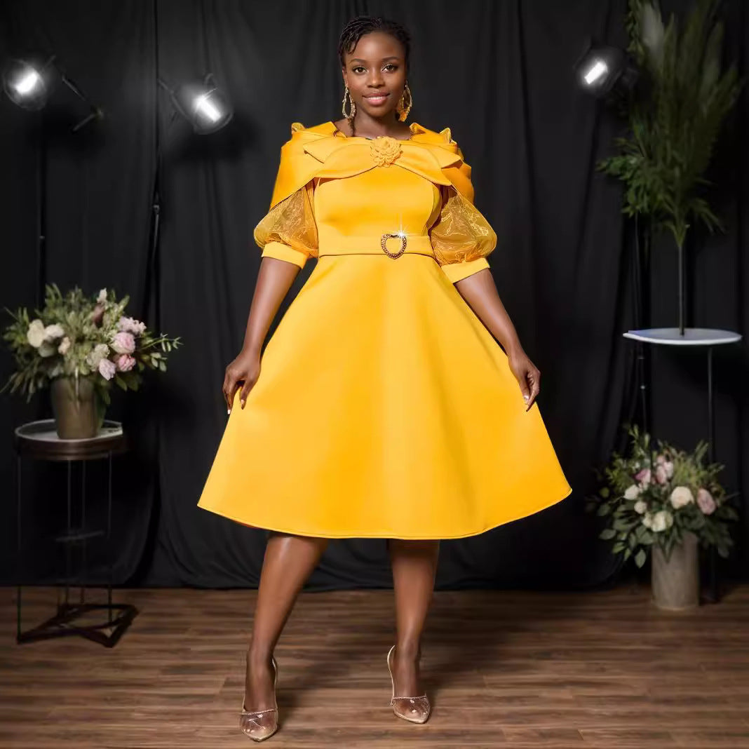 Bow Shoulder Floral Applique Mesh Puff Sleeve Belted A-Line Midi Dress