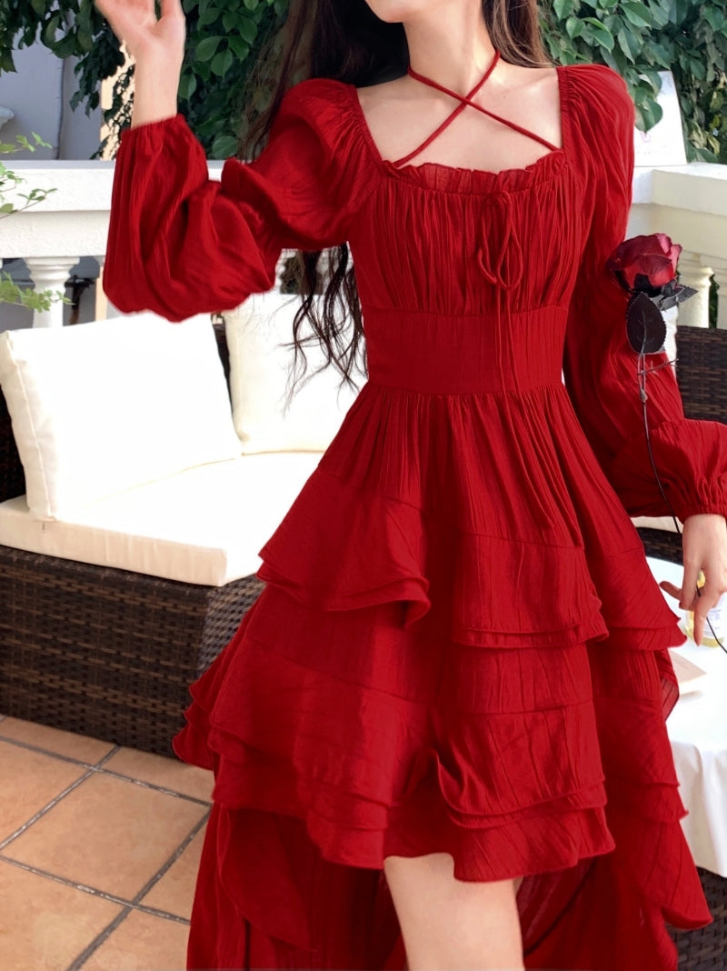 Red Princess-Inspired Lace-Up Gown Plus Size Fit & Flare Statement Dress gunne sax vintage dress