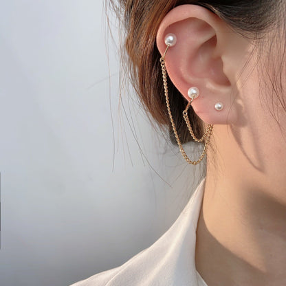 Faux pearl layered metal chain stud earrings