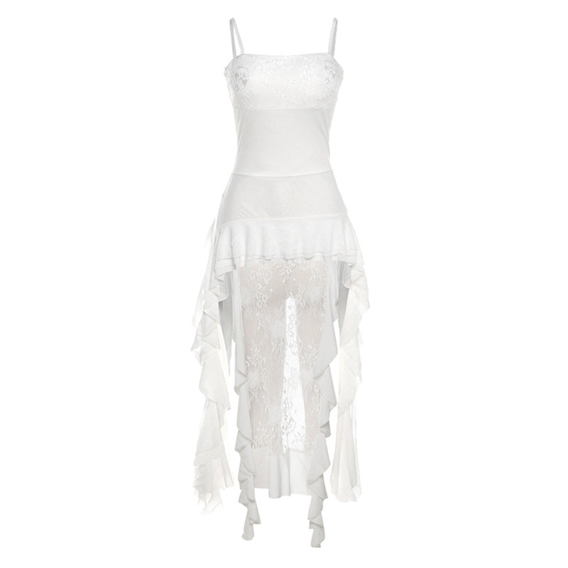 Strap off Neck Lace Stitching Irregular Asymmetric Dress