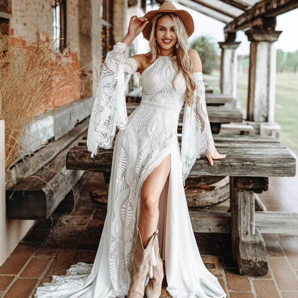 Halter Neck Long Train Evening Wedding Dress