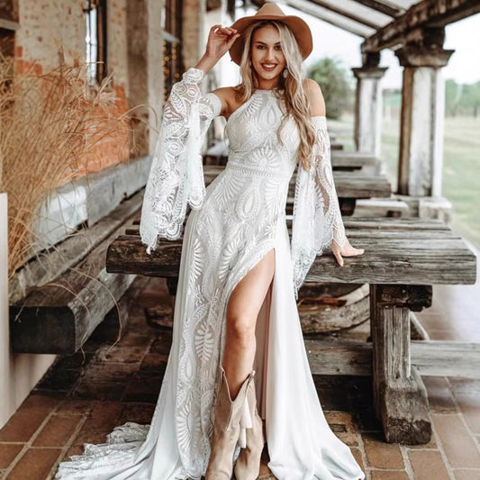 Halter Neck Long Train Evening Wedding Dress