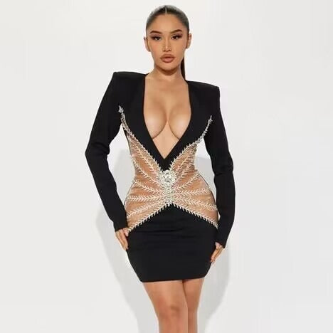 Deep V-Neck Padded Shoulder Rhinestone Mesh Panel Bodycon Mini Dress