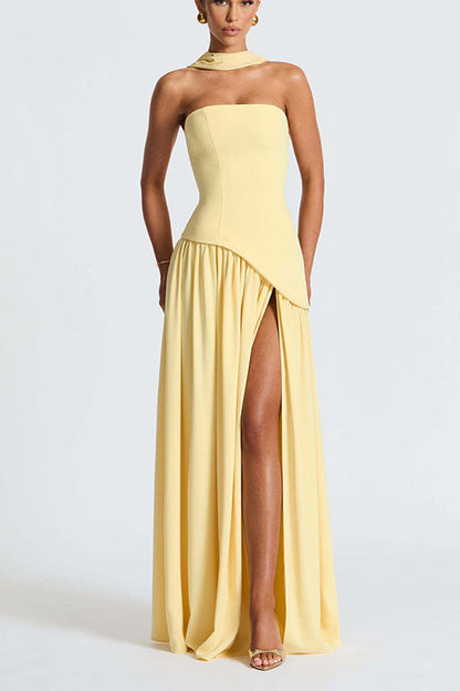 consonak Strapless Back Lace-up High Slit Splice Maxi Dress
