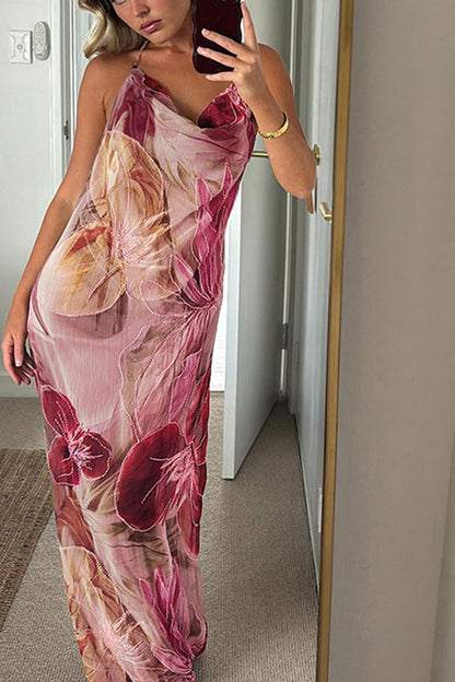 Floral Print Sexy Backless Slit See-Through Holiday Maxi Dress