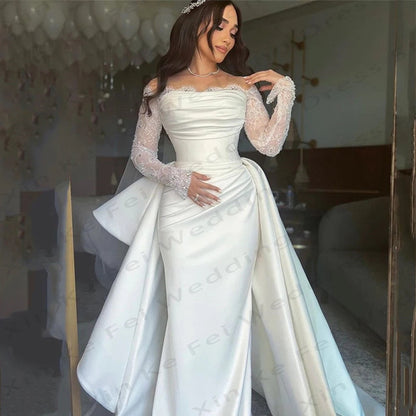 Long Sleeve Off-Shoulder Satin Wedding Dress