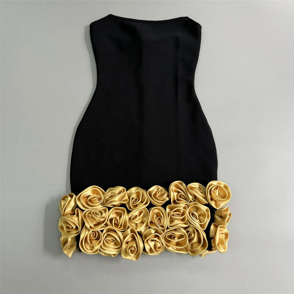 Three Dimensional Golden Floral Tube Top Bandage One Piece Dress Ladies Party Niche Short Evening Dress