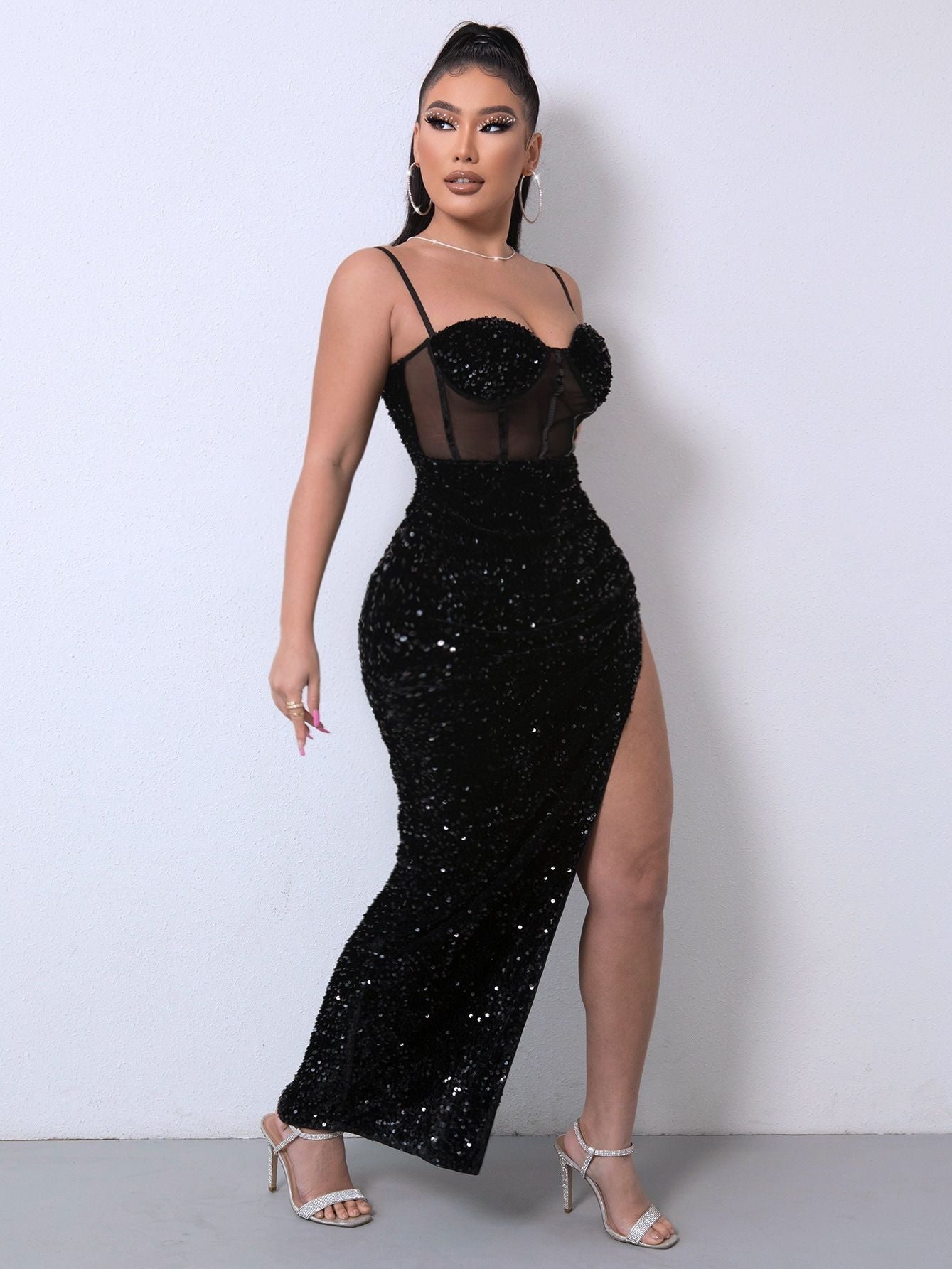 Sequins Mesh Patchwork Slit Thigh Formal Dress