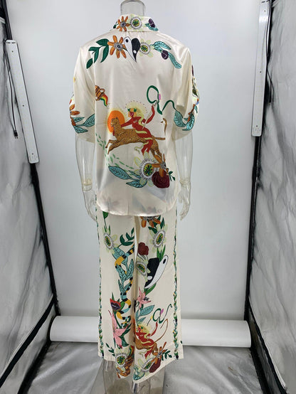 Graffiti Print Satin Short Sleeve Shirt & Pant Coord Set