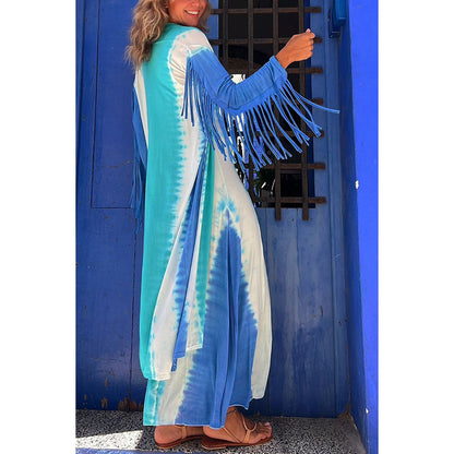 Song of The Vagabond Tie-dye Print Open Front Tassel Duster Cover-up
