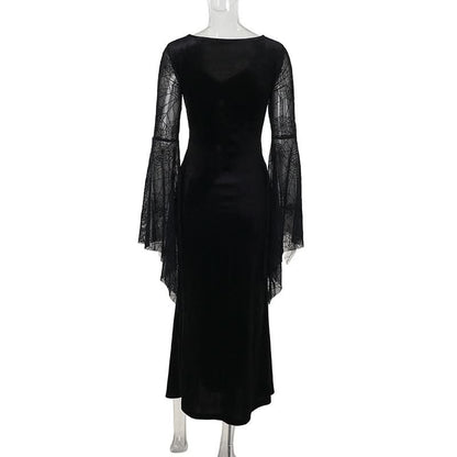 Long flared sleeve spider web slit velvet ruched maxi dress