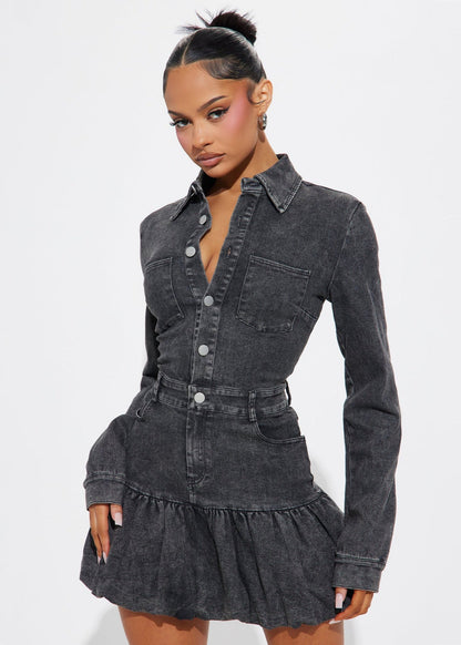 Rebel Denim Mini Dress – Fitted Button-Up with Ruffled Hem