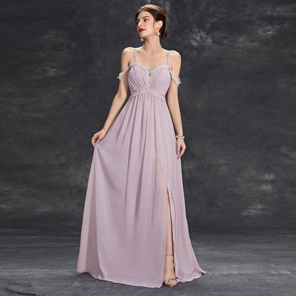 Cold Shoulder Lace Trim Sweetheart Ruched Empire Waist Thigh Slit Chiffon Maxi Gown