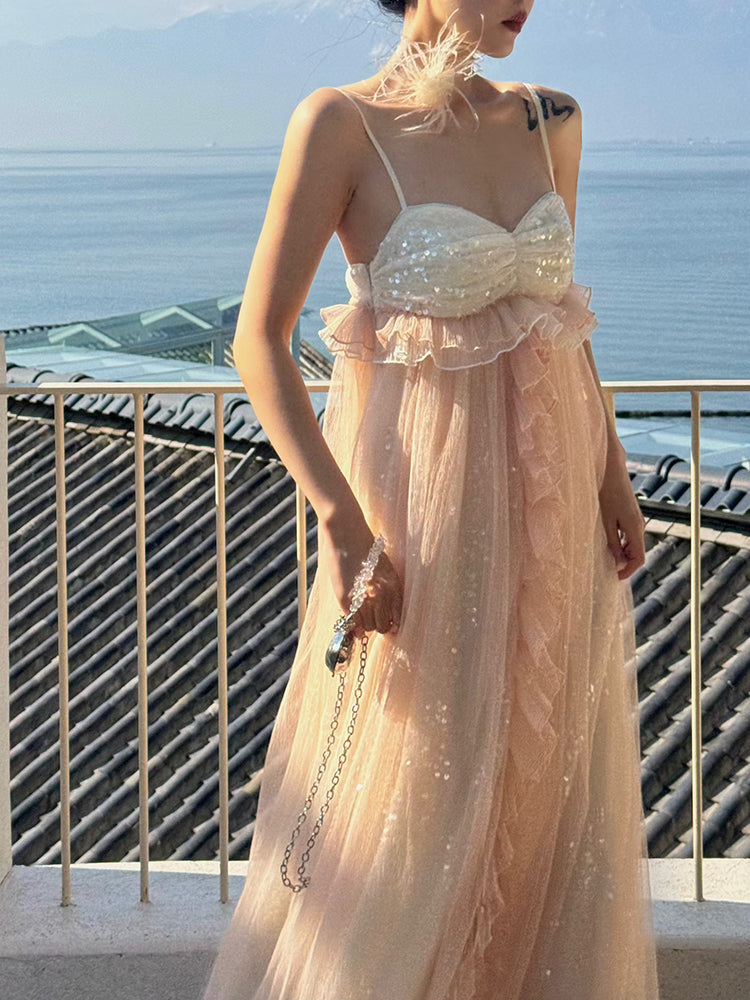 Glimmering Tulle Fairycore Sequin Maxi Dress Dreamy Resort Gown