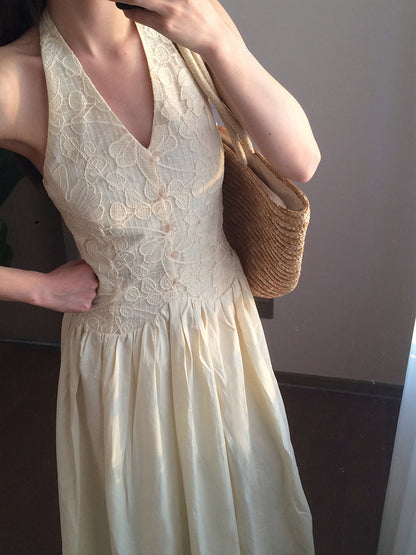 Timeless Lace Halter V-Neck Dress Romantic Backless Vacation Gown