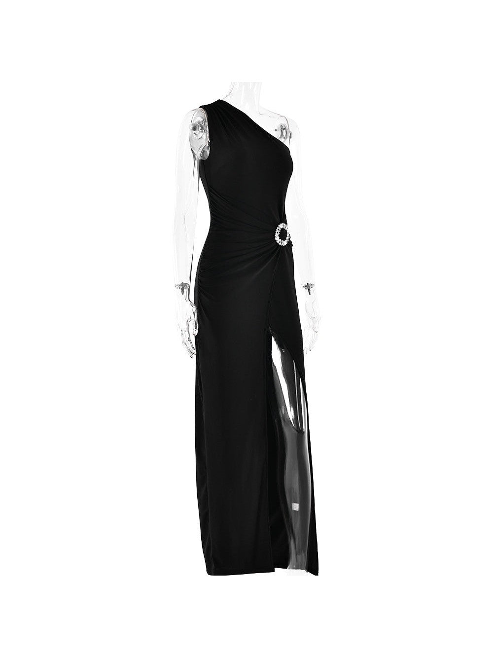 One Shoulder Sleeveless High Slit Buckle Maxi Dress