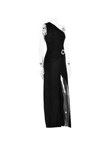One Shoulder Sleeveless High Slit Buckle Maxi Dress