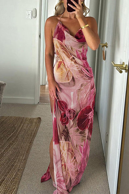 Floral Print Sexy Backless Slit See-Through Holiday Maxi Dress