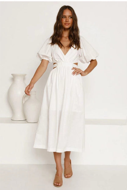 Deep V-Neck Puff Sleeve Side Cut Out Smocked Waist A-Line Midi Dress