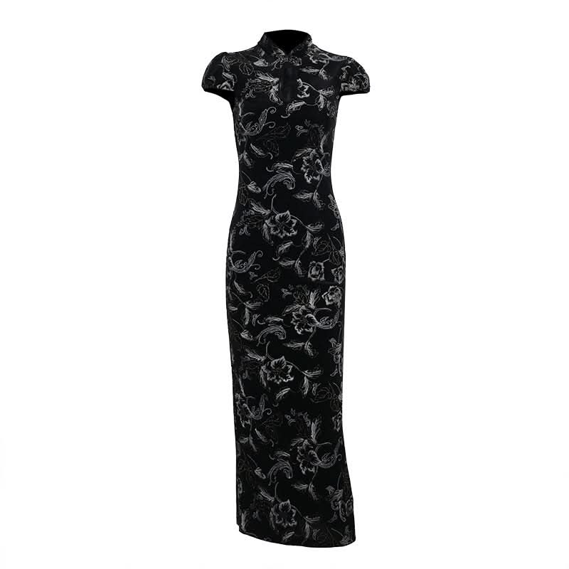 Cap sleeve flower pattern velvet button maxi dress