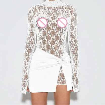 High neck long sleeve lace mini skirt set