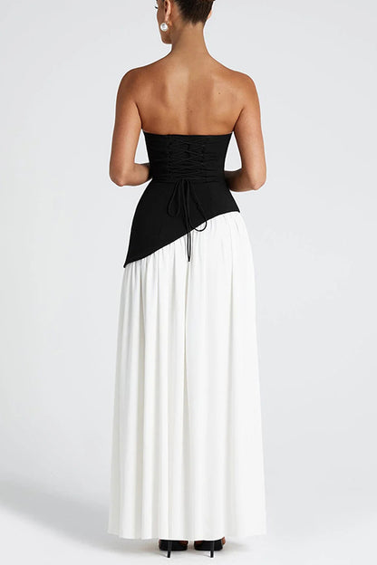 consonak Strapless Back Lace-up High Slit Splice Maxi Dress