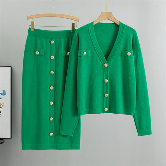 Green - Chanel-Inspired Cardigan Sweater Two Piece Set