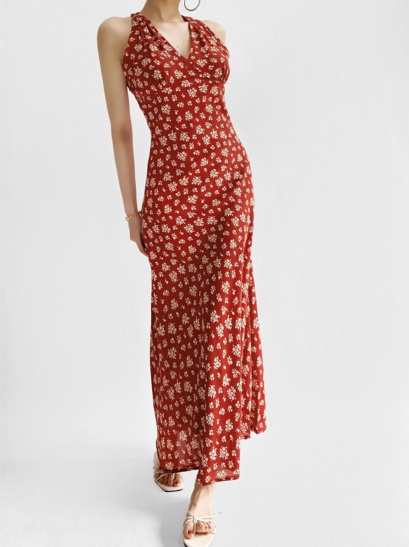 Red – Floral Halter Neck Sexy Dress