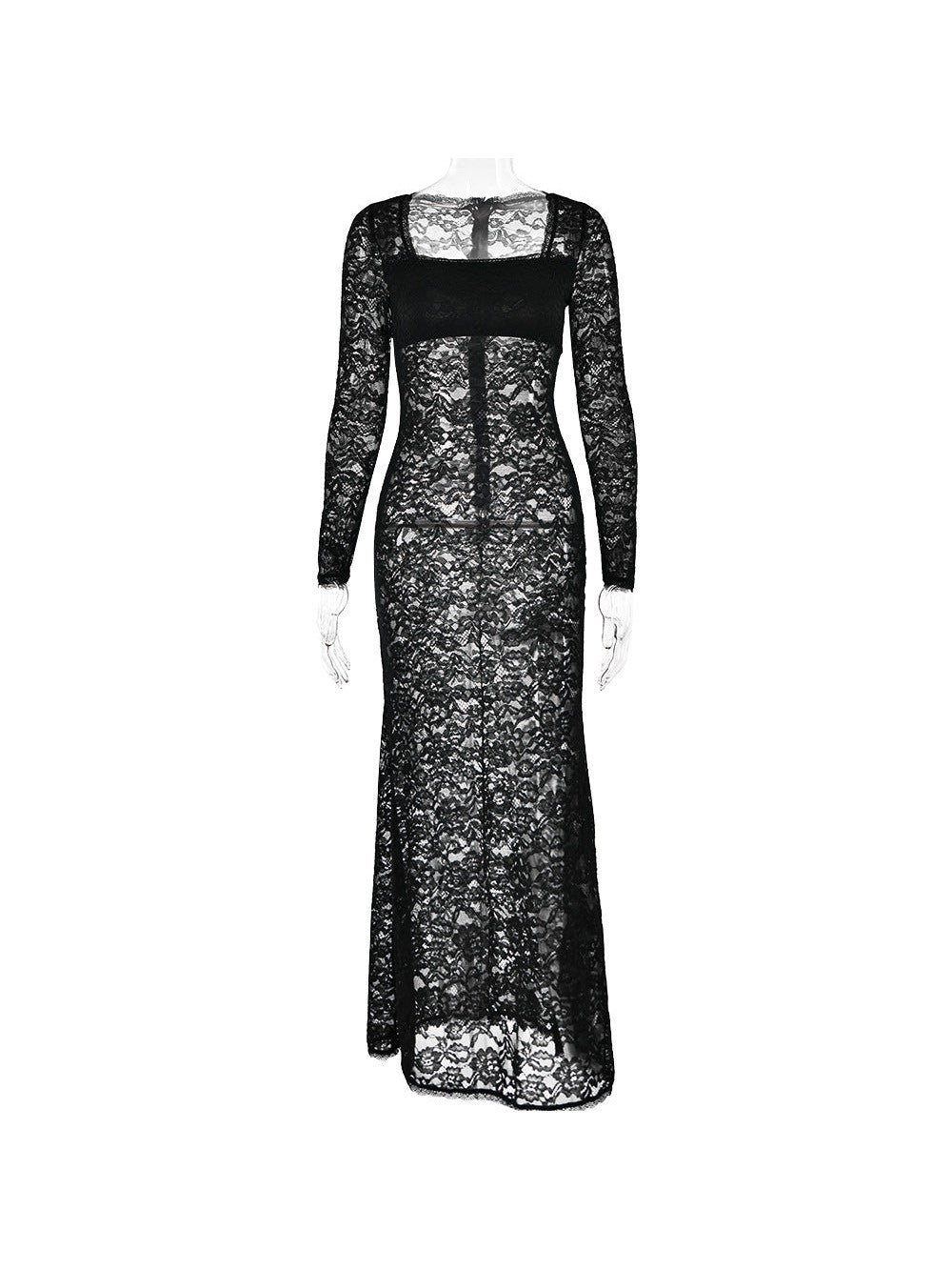 Lace Stitching See through Long Sleeve Square Neck Sheath Dress