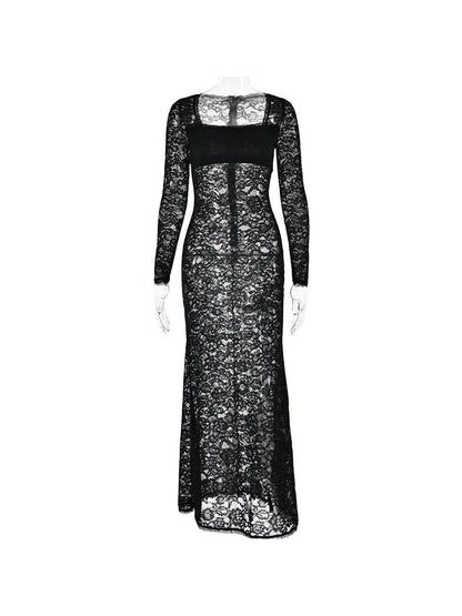 Lace Stitching See through Long Sleeve Square Neck Sheath Dress