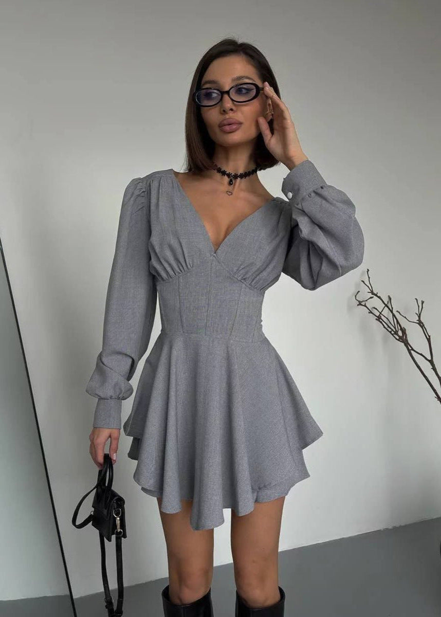 Structured V-Neck Flare Mini Dress