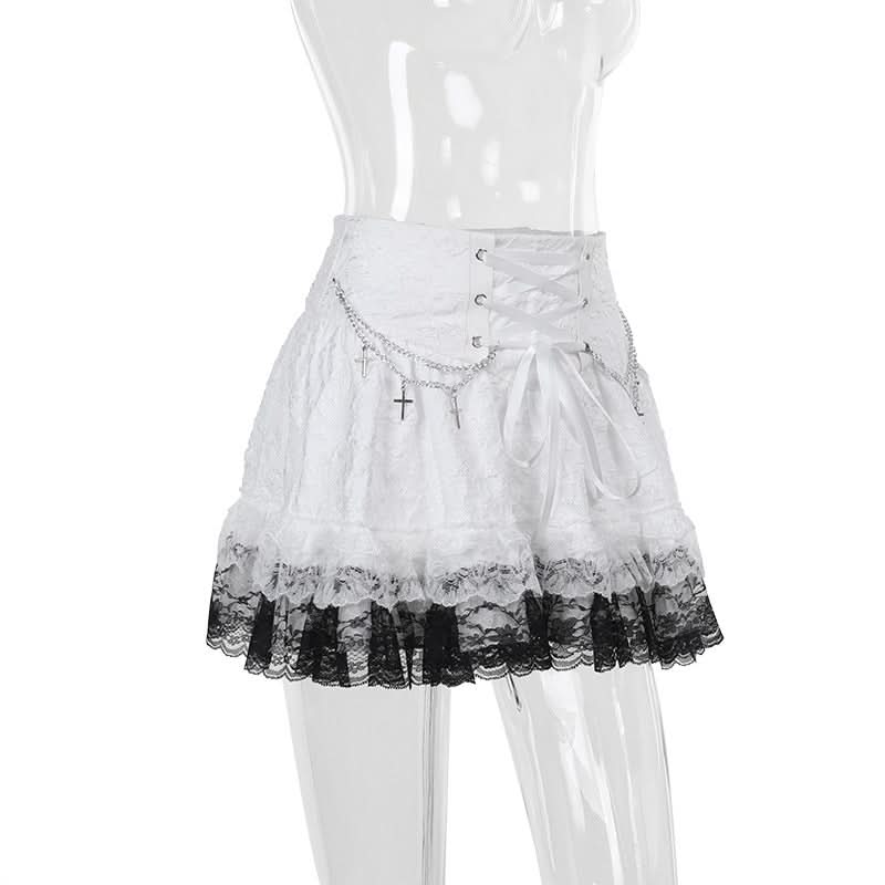 Lace up metal chain lace hem mini skirt