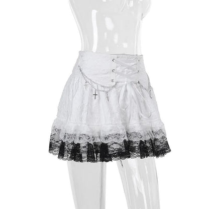 Lace up metal chain lace hem mini skirt