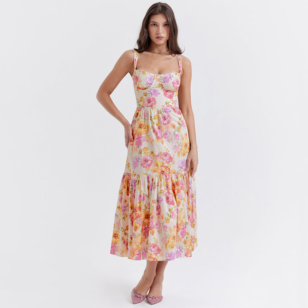 Square Neck Bustier Floral Ruffle Tier Pocket Midi Dress