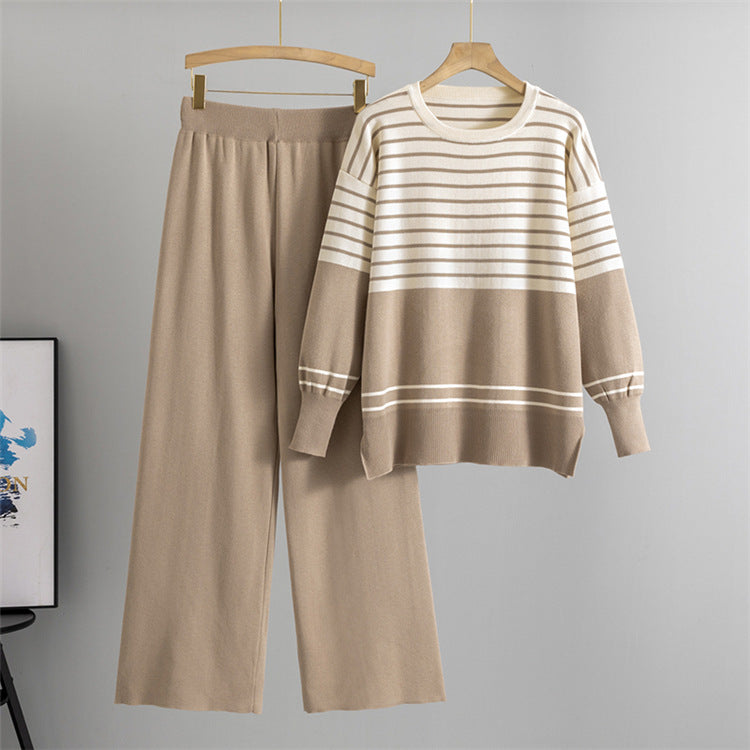 Khaki - Striped Knitted Loose Two Piece Set