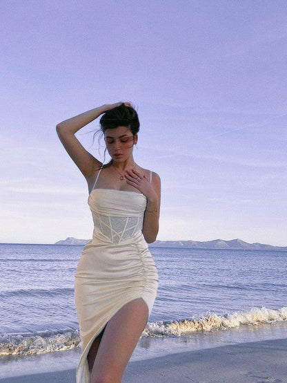 Satin Boning Corset Pleated High Slit Dress