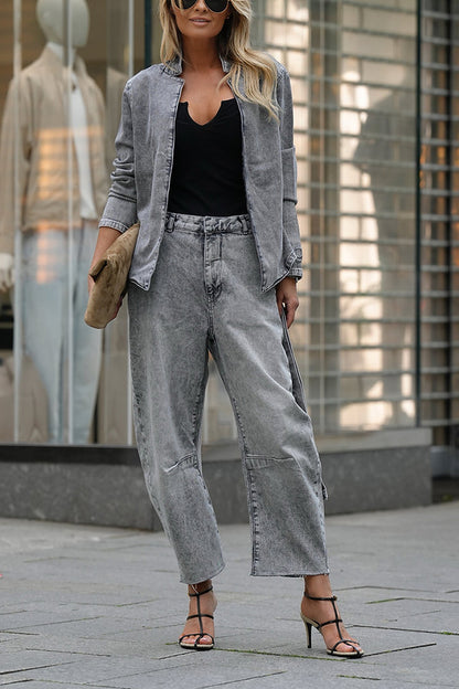 Casual Meetup Washed Denim Mid Rise Pocketed Barrel Jeans